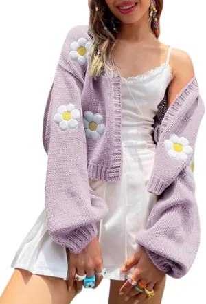 Arssm Y2K Womens Flower Cardigan Sweater Long Sleeve Knit Cropped Cardigan Open Front Cute Shrug Fall Sweater 90s Outfits