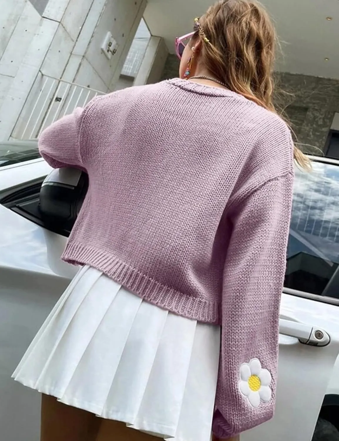 Arssm Y2K Womens Flower Cardigan Sweater Long Sleeve Knit Cropped Cardigan Open Front Cute Shrug Fall Sweater 90s Outfits