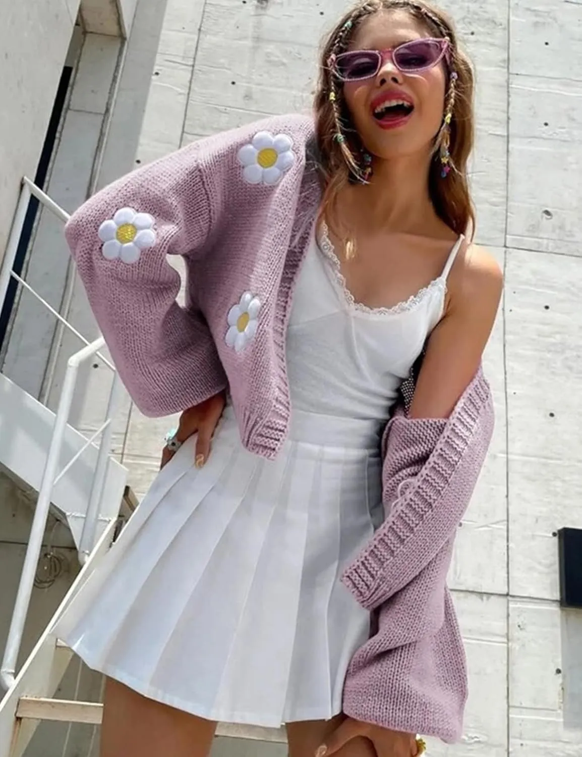 Arssm Y2K Womens Flower Cardigan Sweater Long Sleeve Knit Cropped Cardigan Open Front Cute Shrug Fall Sweater 90s Outfits
