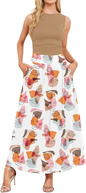 AUSELILY Womens Maxi Dress 2025 Summer Sleeveless Casual Slim Flowy Pleated Long Dresses with Pockets