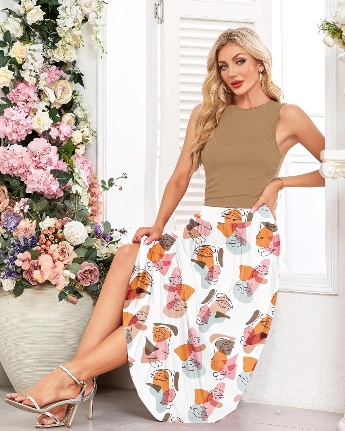 AUSELILY Womens Maxi Dress 2025 Summer Sleeveless Casual Slim Flowy Pleated Long Dresses with Pockets