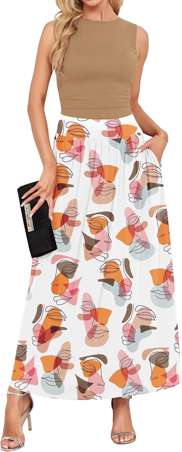 AUSELILY Womens Maxi Dress 2025 Summer Sleeveless Casual Slim Flowy Pleated Long Dresses with Pockets