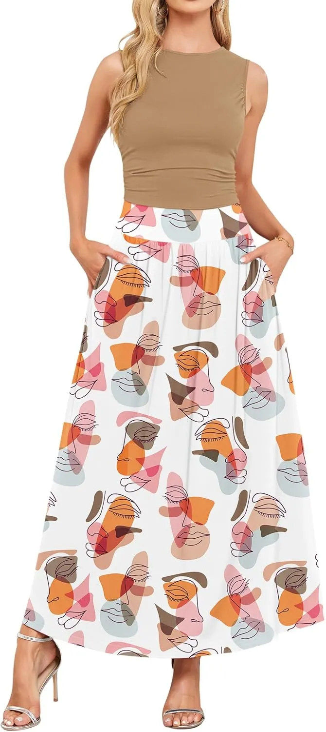 AUSELILY Womens Maxi Dress 2025 Summer Sleeveless Casual Slim Flowy Pleated Long Dresses with Pockets