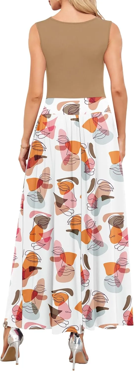 AUSELILY Womens Maxi Dress 2025 Summer Sleeveless Casual Slim Flowy Pleated Long Dresses with Pockets