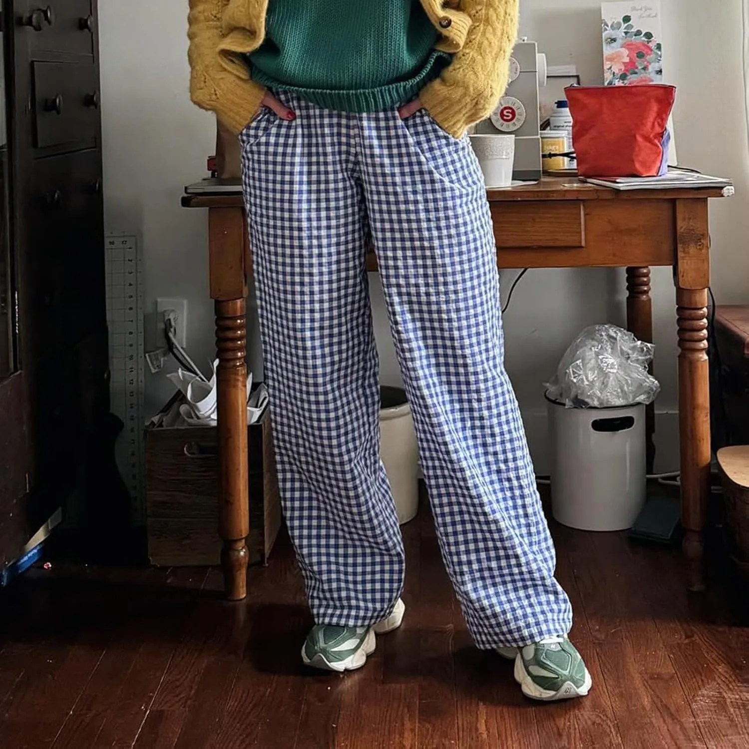 Awoscut Women's Elastic High Waist Y2K Fashion Pants Striped Print Straight Casual Wide Leg Trousers Lounge Pants Bottom