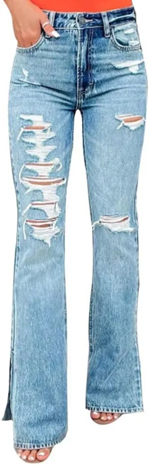 Azuki Flare Pants Ripped Bell Bottom Jeans for Women High Waisted Classic Flared Denim Pants with Pockets