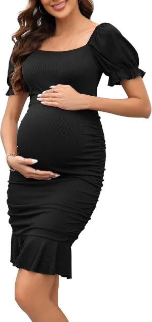 BeautyNee Women's Short Puff Sleeve Maternity Dress Summer Square Neck Ruffle Hem Smocked Bodycon Dress for Baby Shower