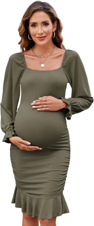BeautyNee Women's Short Puff Sleeve Maternity Dress Summer Square Neck Ruffle Hem Smocked Bodycon Dress for Baby Shower