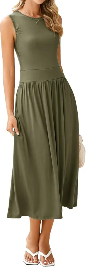 BerryGo Women's Summer Sleeveless 2025 Midi Dress Crew Neck Casual Swing Ruched Flowy Smocked Waist Dress Pockets