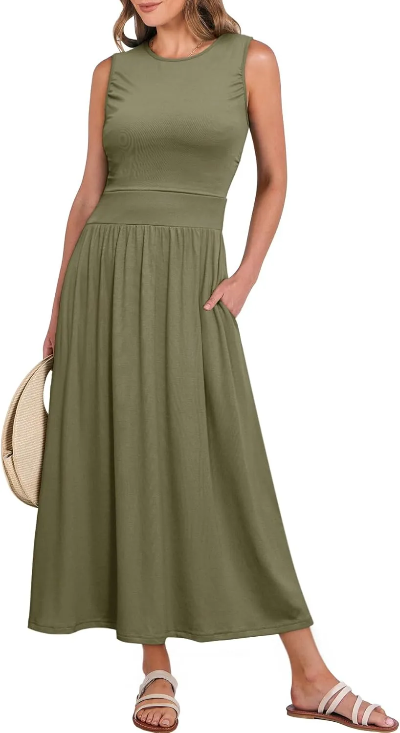 BerryGo Women's Summer Sleeveless 2025 Midi Dress Crew Neck Casual Swing Ruched Flowy Smocked Waist Dress Pockets