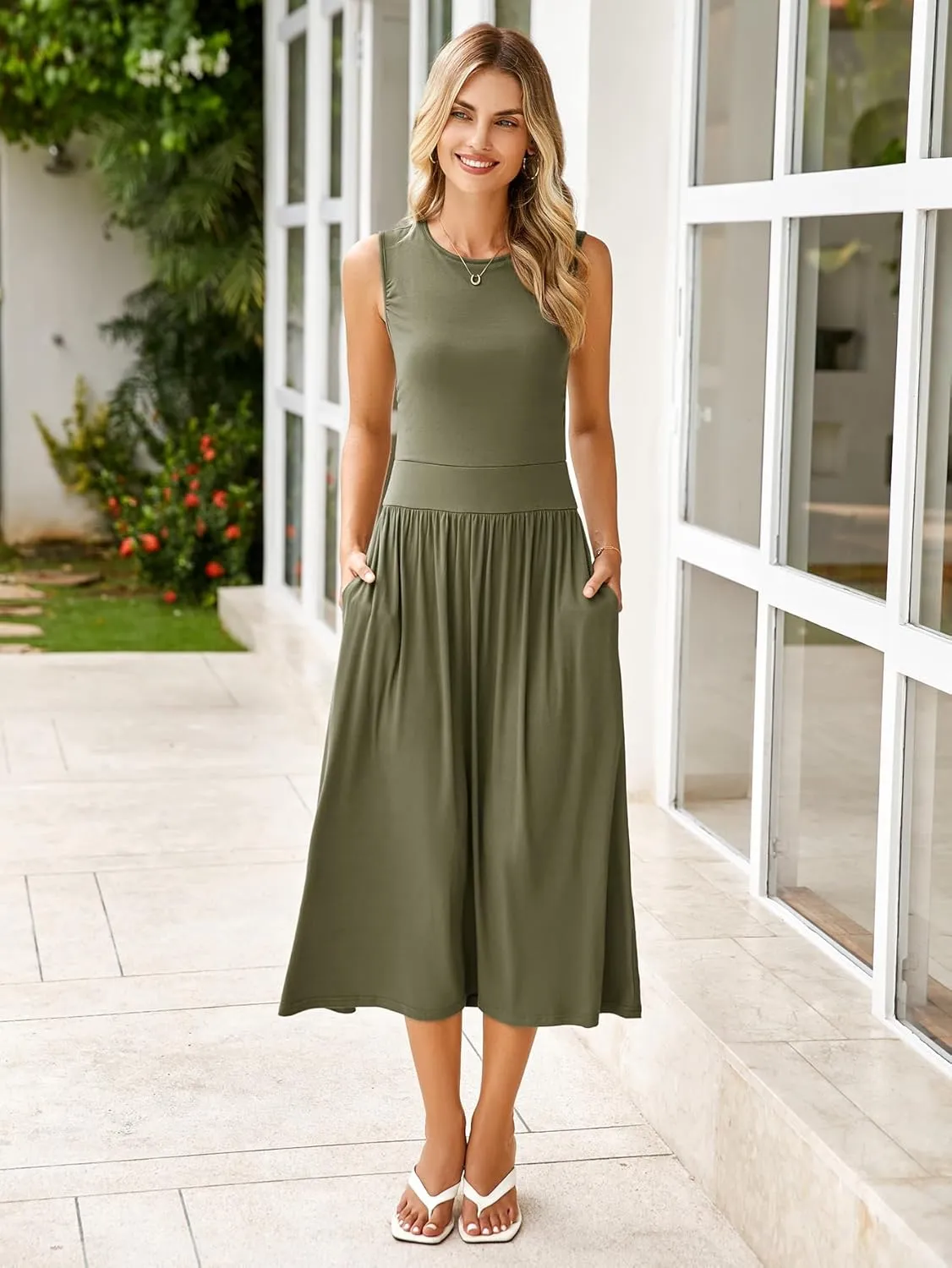 BerryGo Women's Summer Sleeveless 2025 Midi Dress Crew Neck Casual Swing Ruched Flowy Smocked Waist Dress Pockets