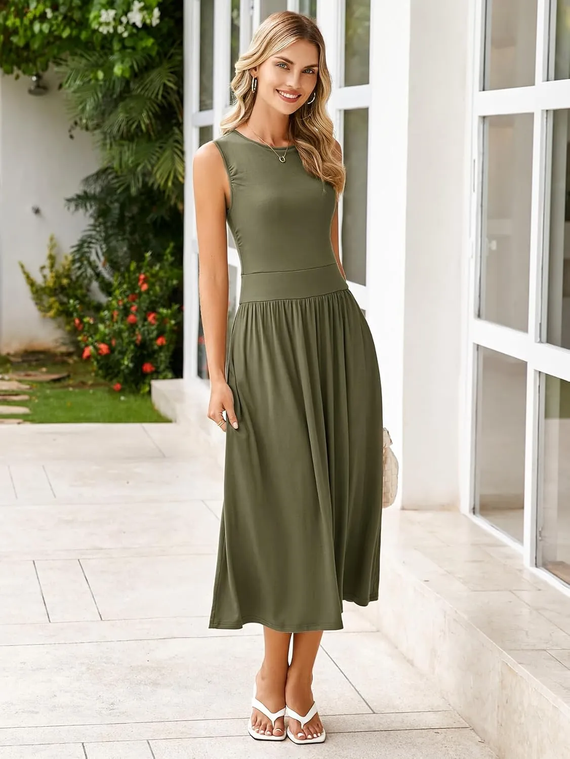 BerryGo Women's Summer Sleeveless 2025 Midi Dress Crew Neck Casual Swing Ruched Flowy Smocked Waist Dress Pockets