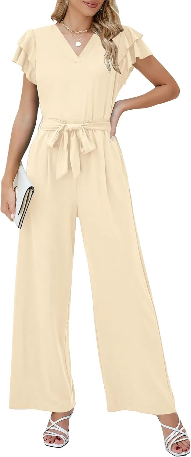 Blooming Jelly Women Dressy Jumpsuits One Piece Business Casual outfits Ruffle Sleeve V Neck Belted Summer Rompers