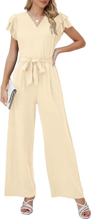 Blooming Jelly Women Dressy Jumpsuits One Piece Business Casual outfits Ruffle Sleeve V Neck Belted Summer Rompers