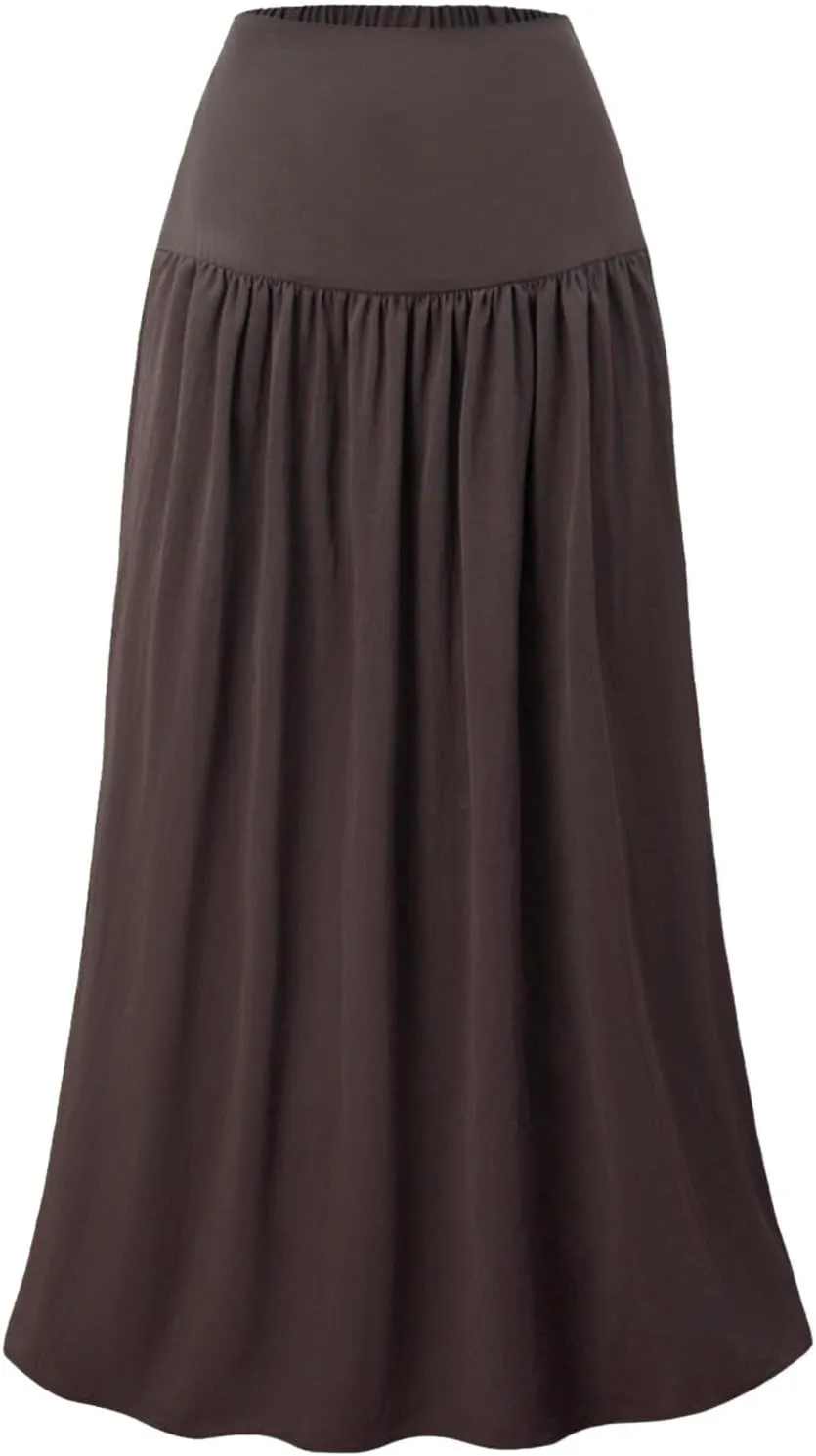 Boho Maxi Skirts for Women Casual High Waisted Swing Flowy Pleated Long Skirt with Pocket