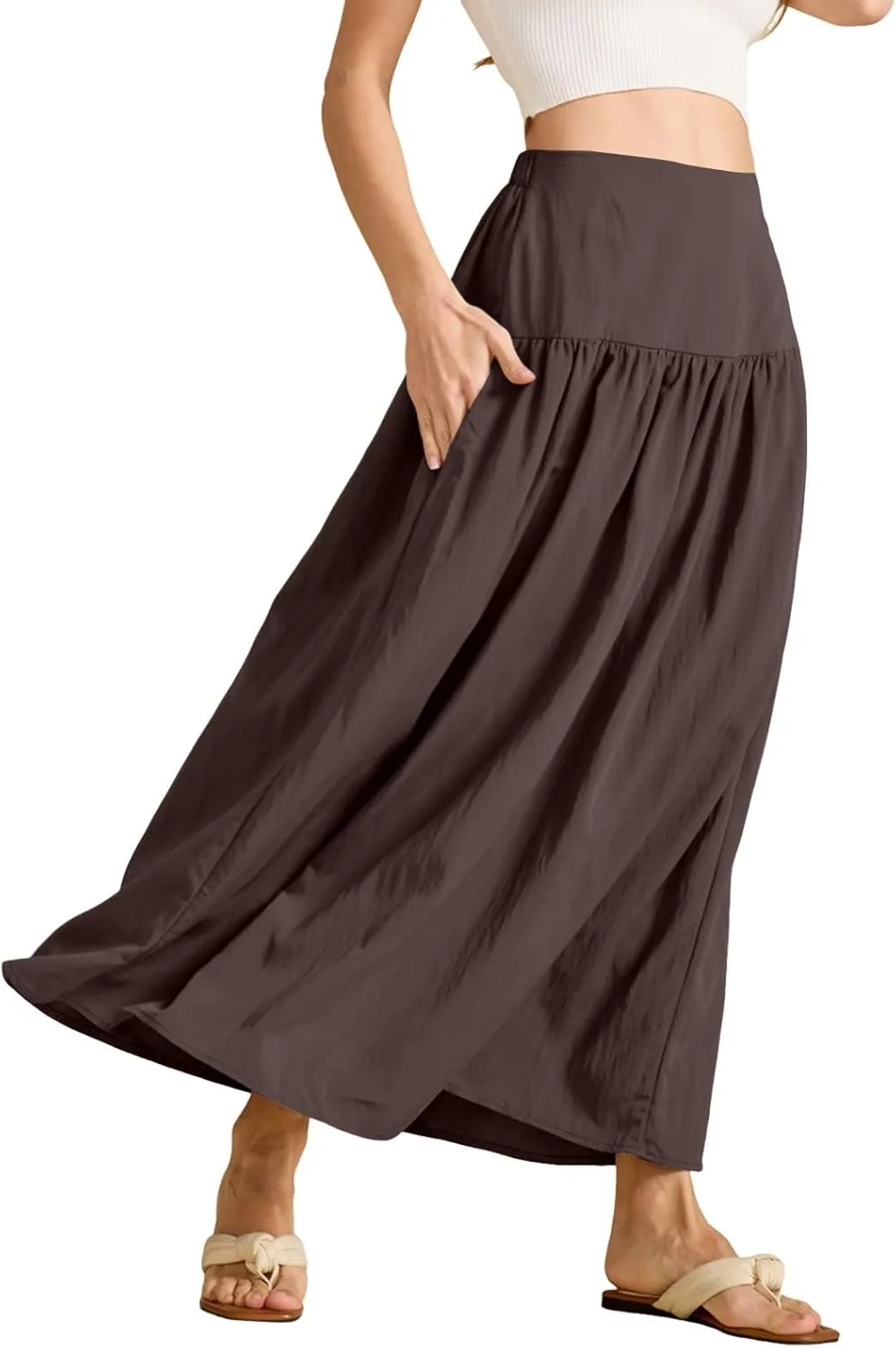Boho Maxi Skirts for Women Casual High Waisted Swing Flowy Pleated Long Skirt with Pocket