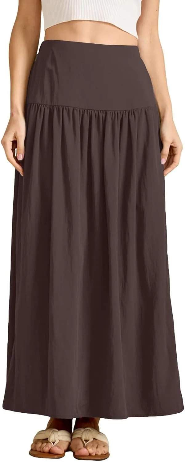 Boho Maxi Skirts for Women Casual High Waisted Swing Flowy Pleated Long Skirt with Pocket