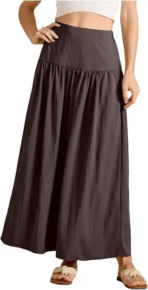 Boho Maxi Skirts for Women Casual High Waisted Swing Flowy Pleated Long Skirt with Pocket