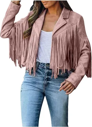 BOXIACEY Tassel Jackets for Women Trendy Faux Leather Biker Jacket Dressy Short Coats Moto Cool Long Sleeve Outerwear Tops