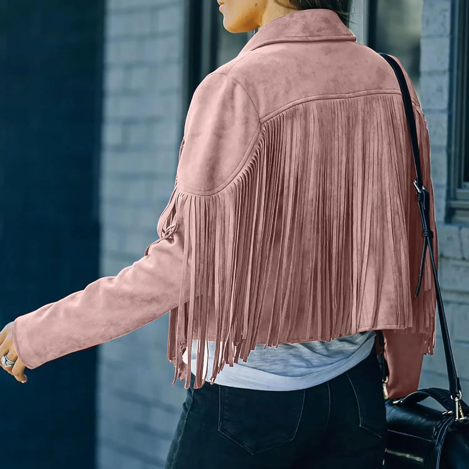 BOXIACEY Tassel Jackets for Women Trendy Faux Leather Biker Jacket Dressy Short Coats Moto Cool Long Sleeve Outerwear Tops