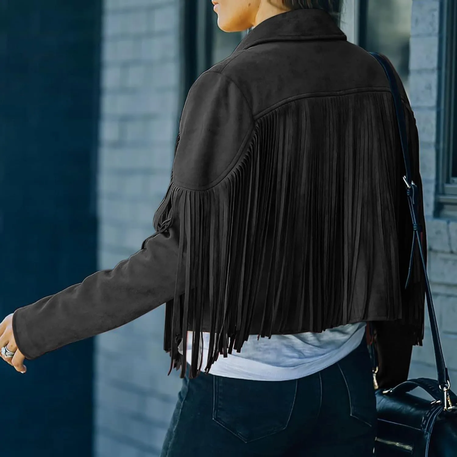 BOXIACEY Tassel Jackets for Women Trendy Faux Leather Biker Jacket Dressy Short Coats Moto Cool Long Sleeve Outerwear Tops