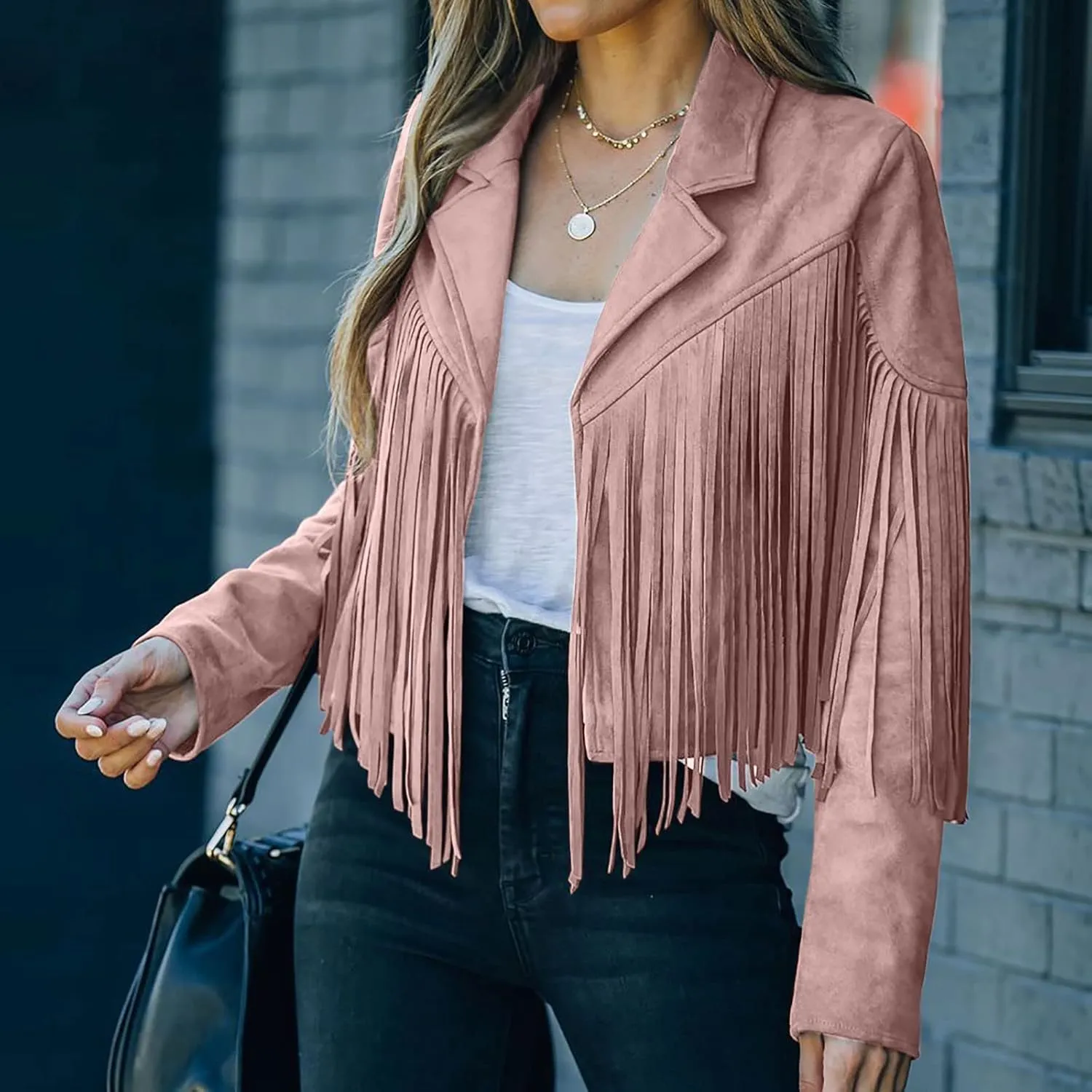 BOXIACEY Tassel Jackets for Women Trendy Faux Leather Biker Jacket Dressy Short Coats Moto Cool Long Sleeve Outerwear Tops