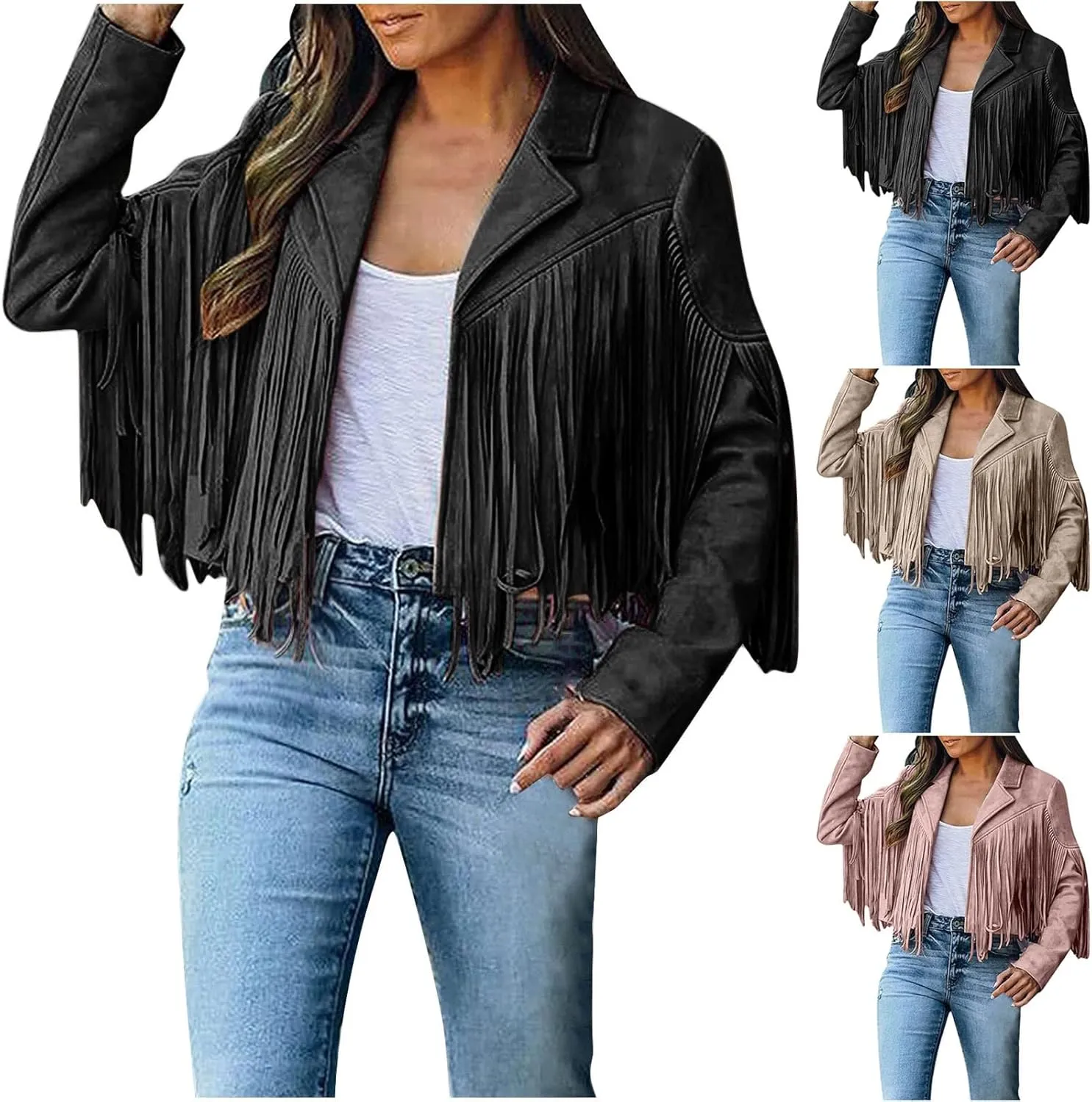BOXIACEY Tassel Jackets for Women Trendy Faux Leather Biker Jacket Dressy Short Coats Moto Cool Long Sleeve Outerwear Tops