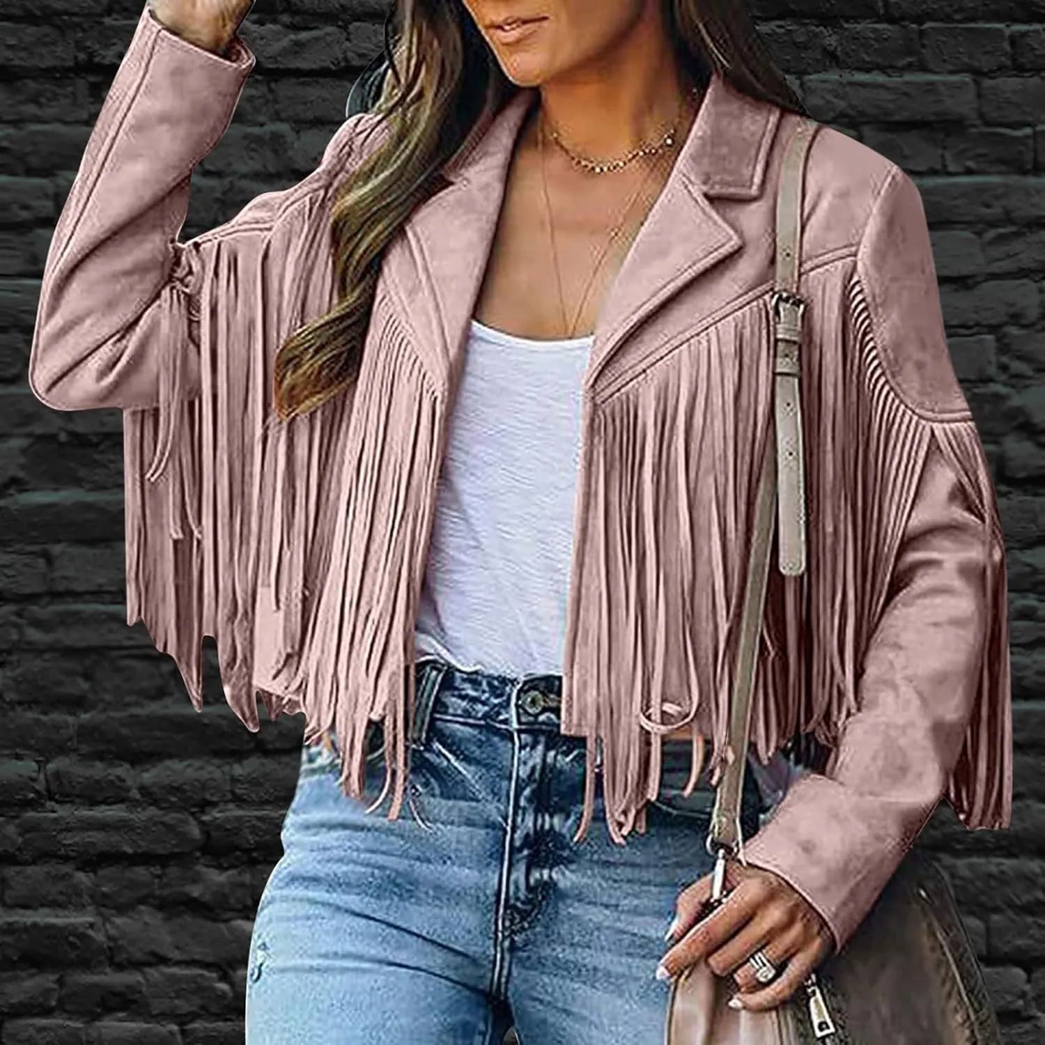BOXIACEY Tassel Jackets for Women Trendy Faux Leather Biker Jacket Dressy Short Coats Moto Cool Long Sleeve Outerwear Tops