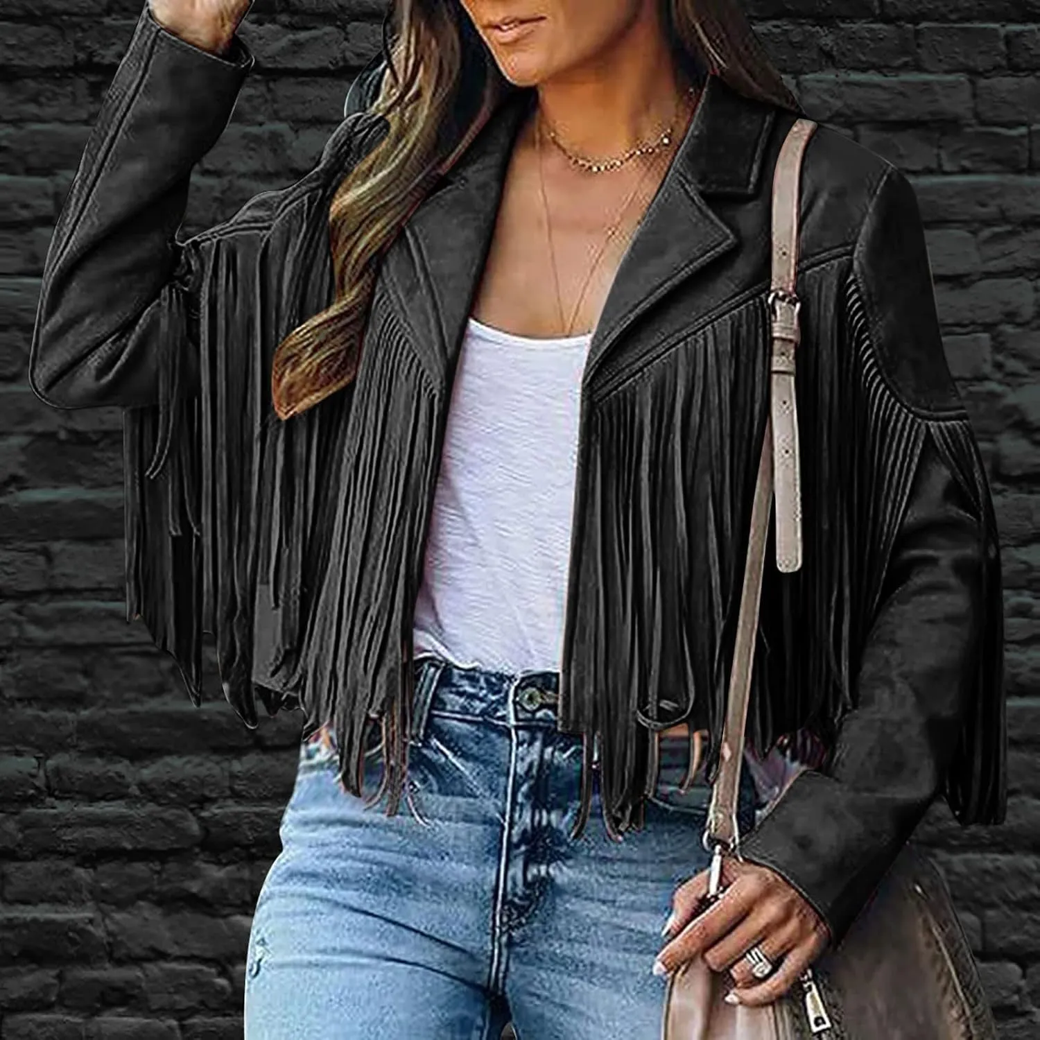 BOXIACEY Tassel Jackets for Women Trendy Faux Leather Biker Jacket Dressy Short Coats Moto Cool Long Sleeve Outerwear Tops