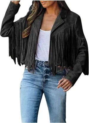 BOXIACEY Tassel Jackets for Women Trendy Faux Leather Biker Jacket Dressy Short Coats Moto Cool Long Sleeve Outerwear Tops