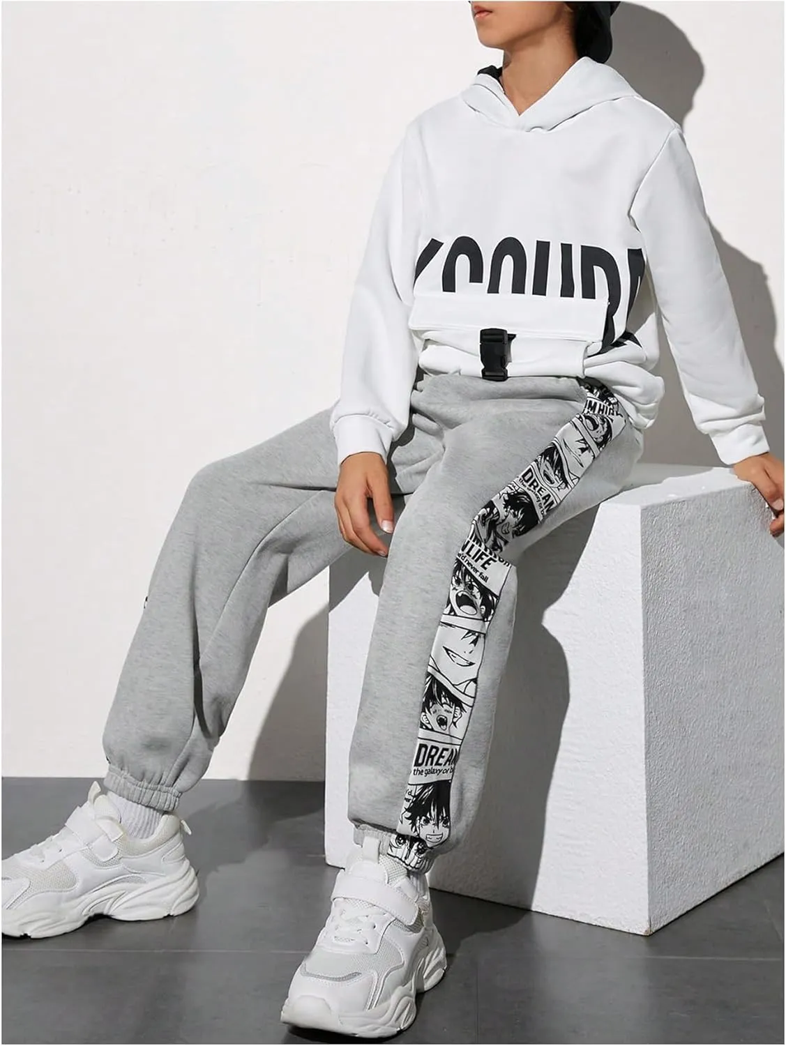 Boy's Y2K Graphic Sweatpants Drawstring Waist Tie Front Jogger Pants with Pockets