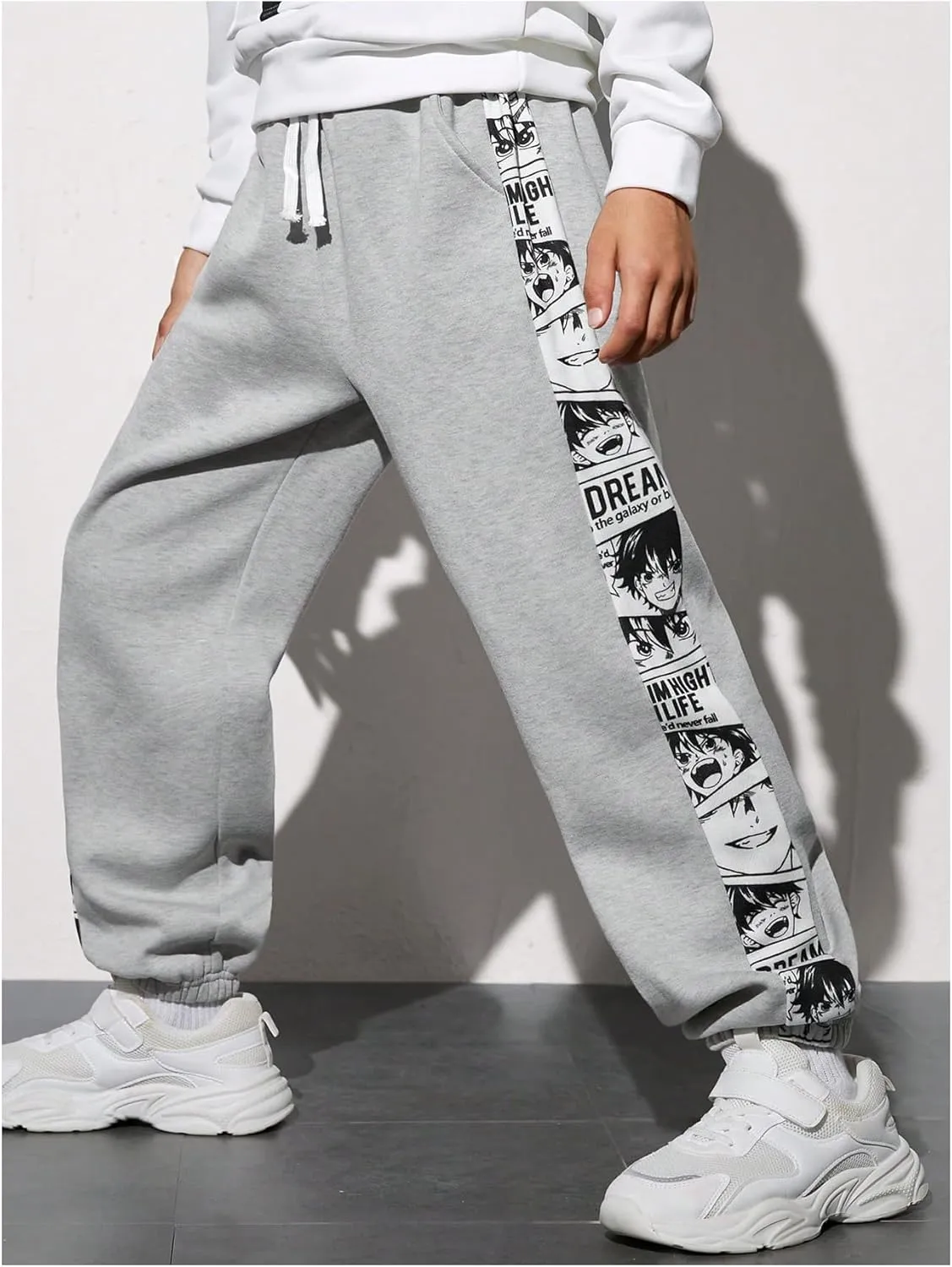 Boy's Y2K Graphic Sweatpants Drawstring Waist Tie Front Jogger Pants with Pockets