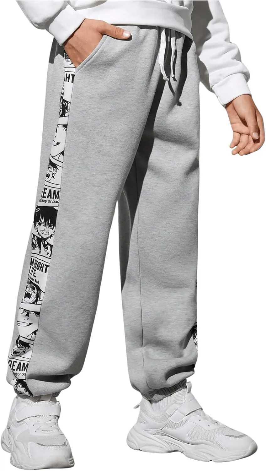 Boy's Y2K Graphic Sweatpants Drawstring Waist Tie Front Jogger Pants with Pockets