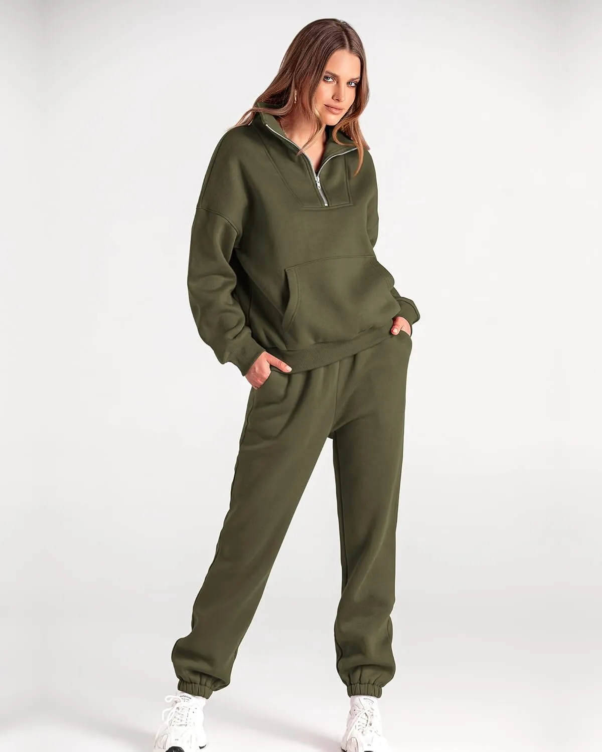 BTFBM Women 2 Piece Tracksuits Fall Winter 1/4 Zip Sweatshirt Jogger Pants Matching Lounge Sets Thick Sweatsuits Pockets