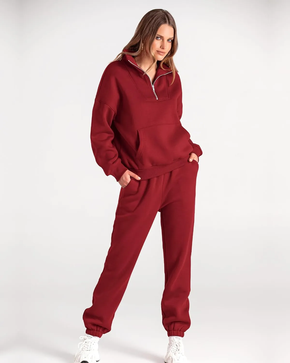 BTFBM Women 2 Piece Tracksuits Fall Winter 1/4 Zip Sweatshirt Jogger Pants Matching Lounge Sets Thick Sweatsuits Pockets