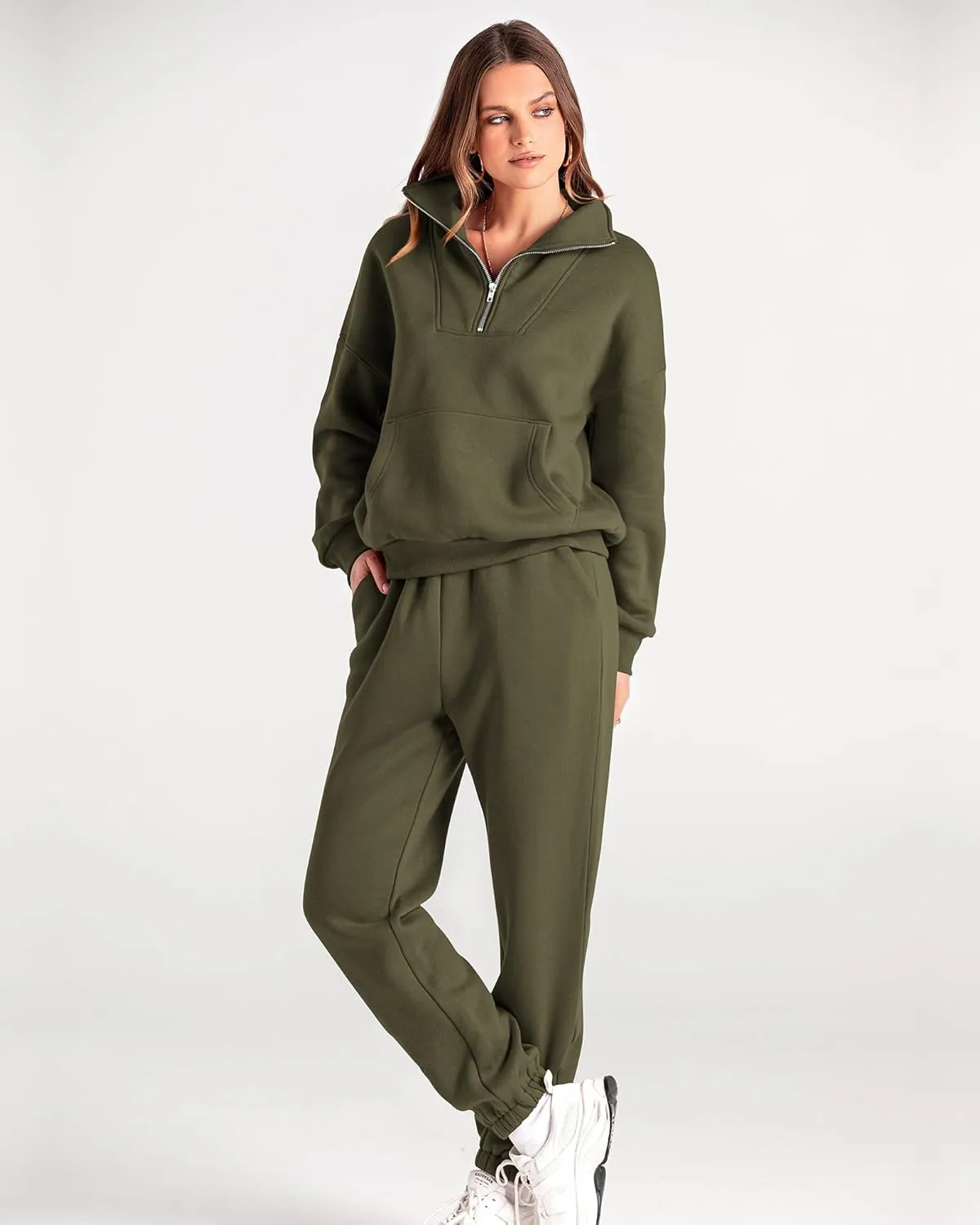 BTFBM Women 2 Piece Tracksuits Fall Winter 1/4 Zip Sweatshirt Jogger Pants Matching Lounge Sets Thick Sweatsuits Pockets