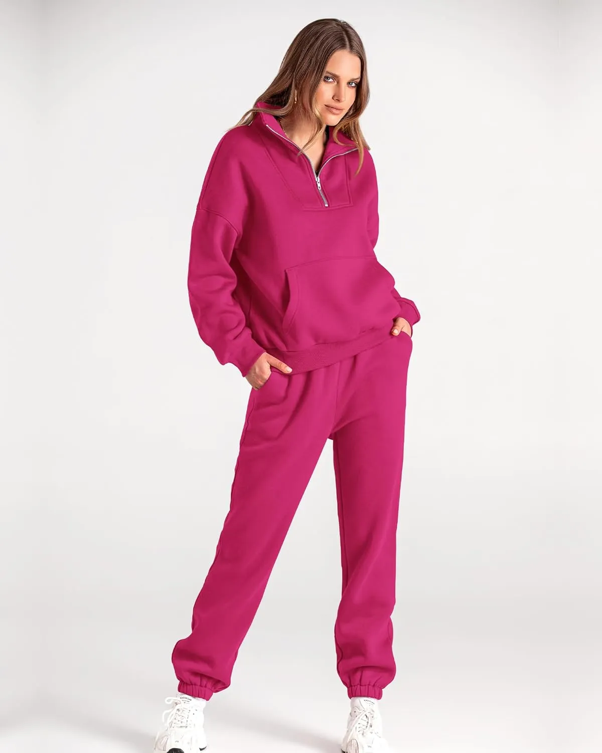 BTFBM Women 2 Piece Tracksuits Fall Winter 1/4 Zip Sweatshirt Jogger Pants Matching Lounge Sets Thick Sweatsuits Pockets