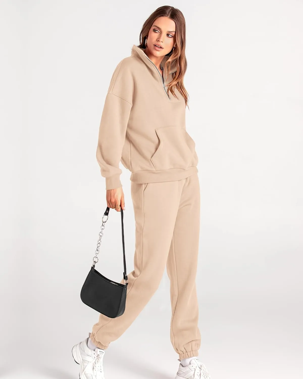 BTFBM Women 2 Piece Tracksuits Fall Winter 1/4 Zip Sweatshirt Jogger Pants Matching Lounge Sets Thick Sweatsuits Pockets