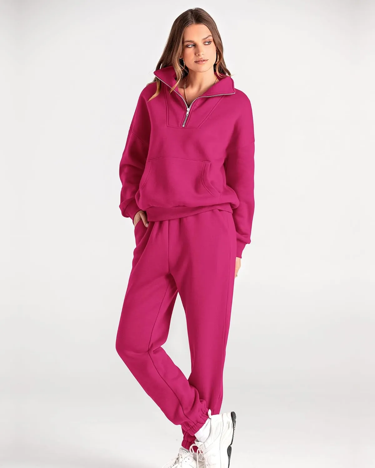 BTFBM Women 2 Piece Tracksuits Fall Winter 1/4 Zip Sweatshirt Jogger Pants Matching Lounge Sets Thick Sweatsuits Pockets
