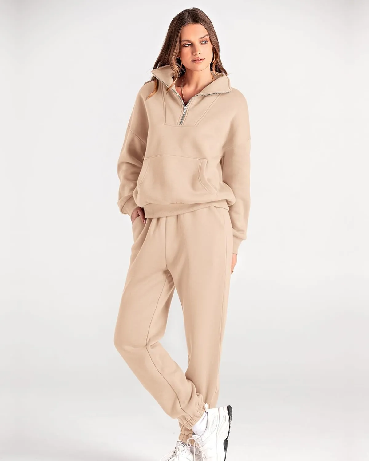 BTFBM Women 2 Piece Tracksuits Fall Winter 1/4 Zip Sweatshirt Jogger Pants Matching Lounge Sets Thick Sweatsuits Pockets