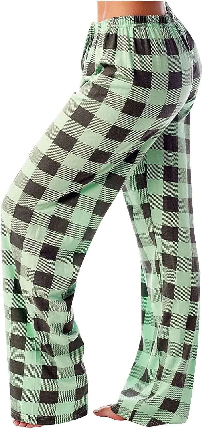 Buffalo Plaid Pajama Pants Women Drawstring Loose Comfy Wide Leg Lounge Pants Lightweight Soft Cozy Sleep Pants