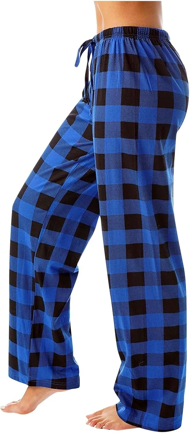Buffalo Plaid Pajama Pants Women Drawstring Loose Comfy Wide Leg Lounge Pants Lightweight Soft Cozy Sleep Pants