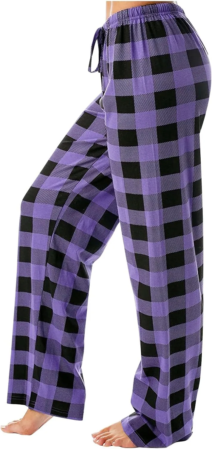 Buffalo Plaid Pajama Pants Women Drawstring Loose Comfy Wide Leg Lounge Pants Lightweight Soft Cozy Sleep Pants