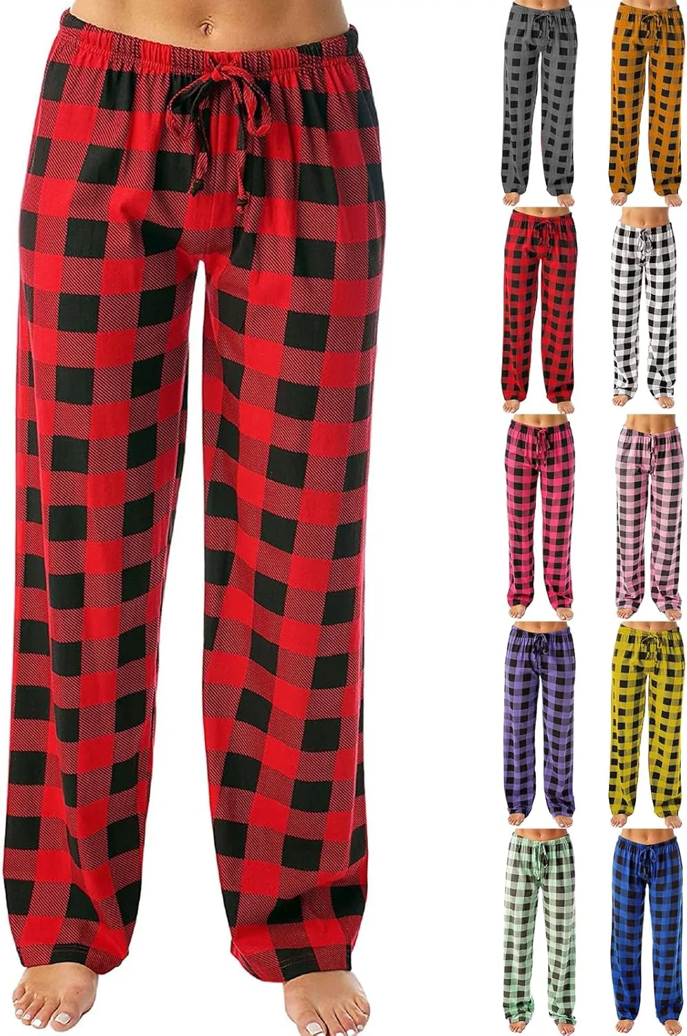 Buffalo Plaid Pajama Pants Women Drawstring Loose Comfy Wide Leg Lounge Pants Lightweight Soft Cozy Sleep Pants
