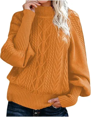 Cable Knit Sweaters for Women 2024 Fall Winter Trendy High Neck Balloon Sleeve Pullover Tops Cute Versatile Outfits