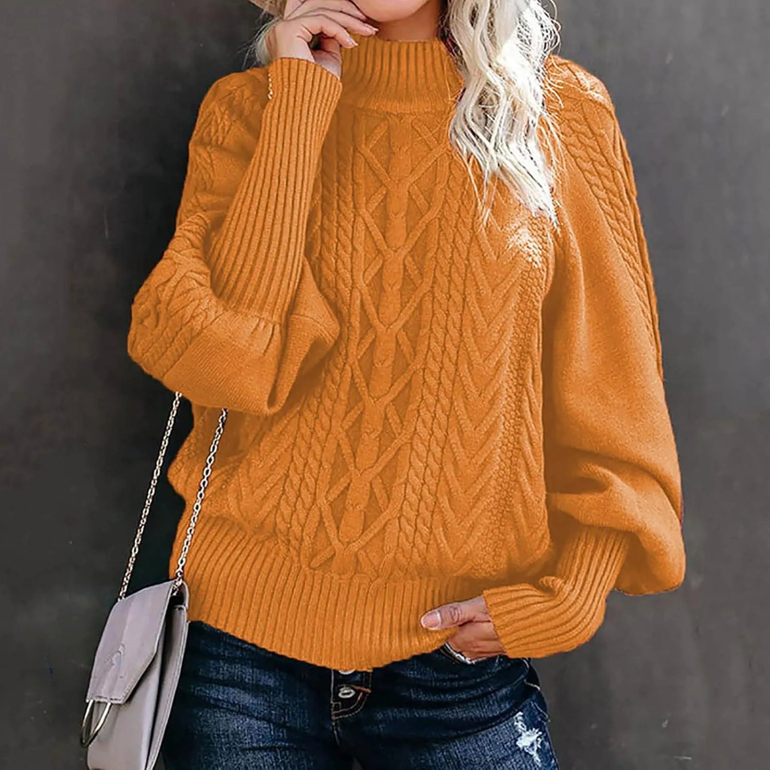 Cable Knit Sweaters for Women 2024 Fall Winter Trendy High Neck Balloon Sleeve Pullover Tops Cute Versatile Outfits