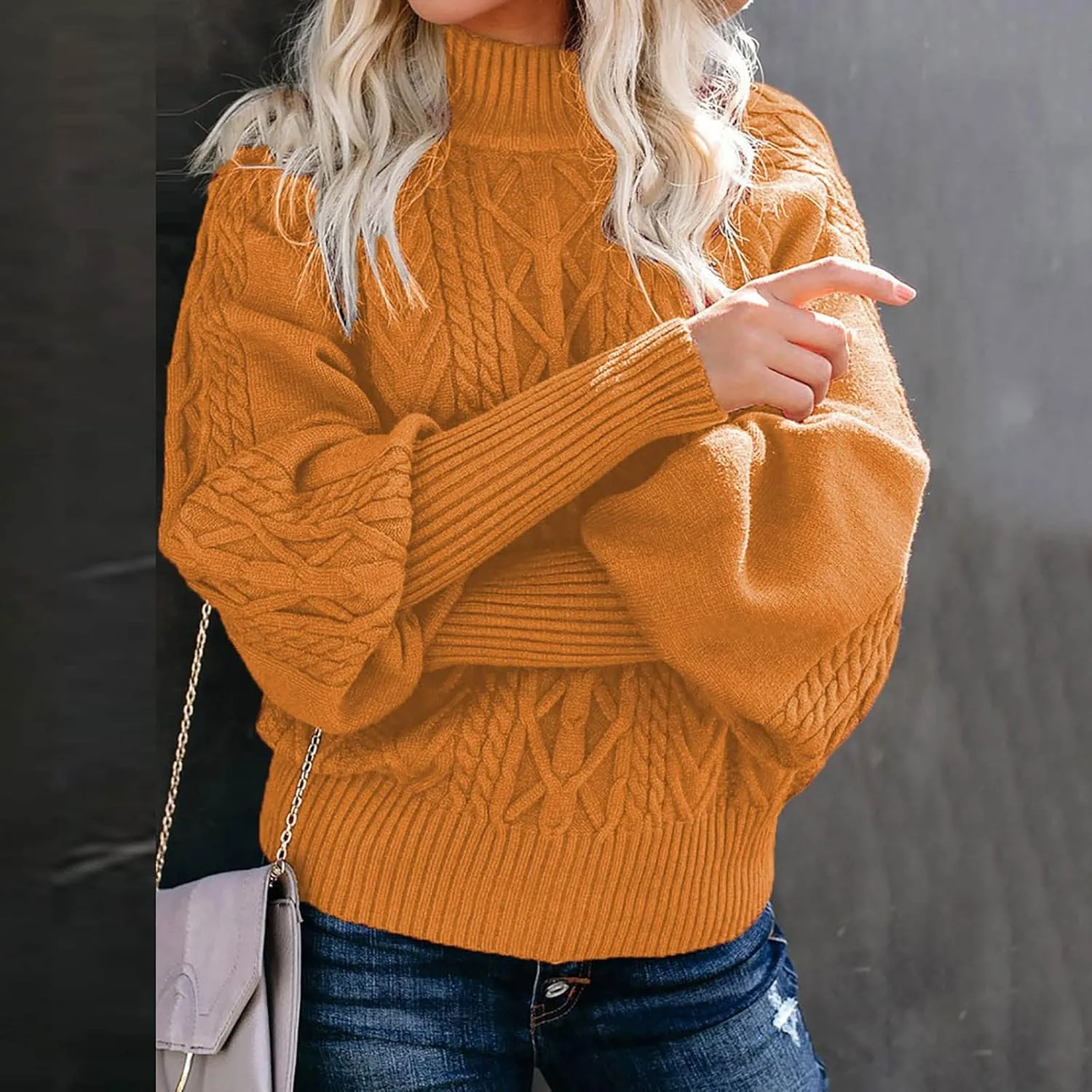 Cable Knit Sweaters for Women 2024 Fall Winter Trendy High Neck Balloon Sleeve Pullover Tops Cute Versatile Outfits