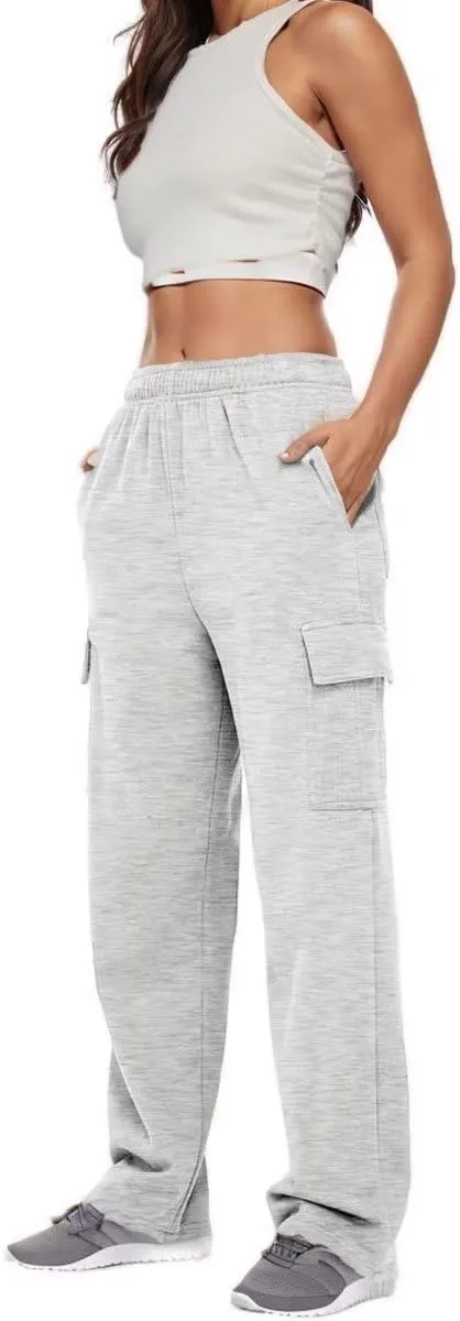 Cargo Sweatpants Women Oversized Wide Leg Fleece Elastic High Waist Lounge Pant Athletic Lounge Trousers with Pockets