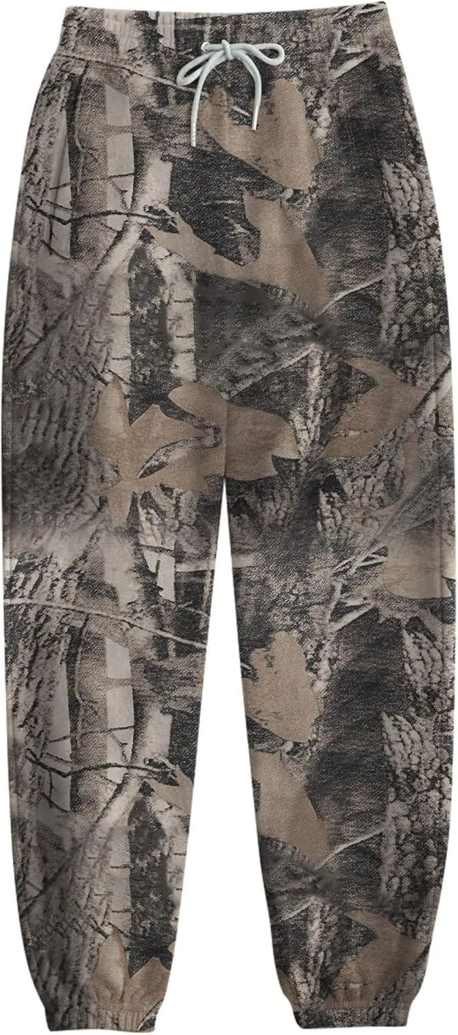 Casual Camo Sweatpants for Women Baggy Fleece Y2K Camouflage High Waisted Joggers Pants with Pockets Streetwear