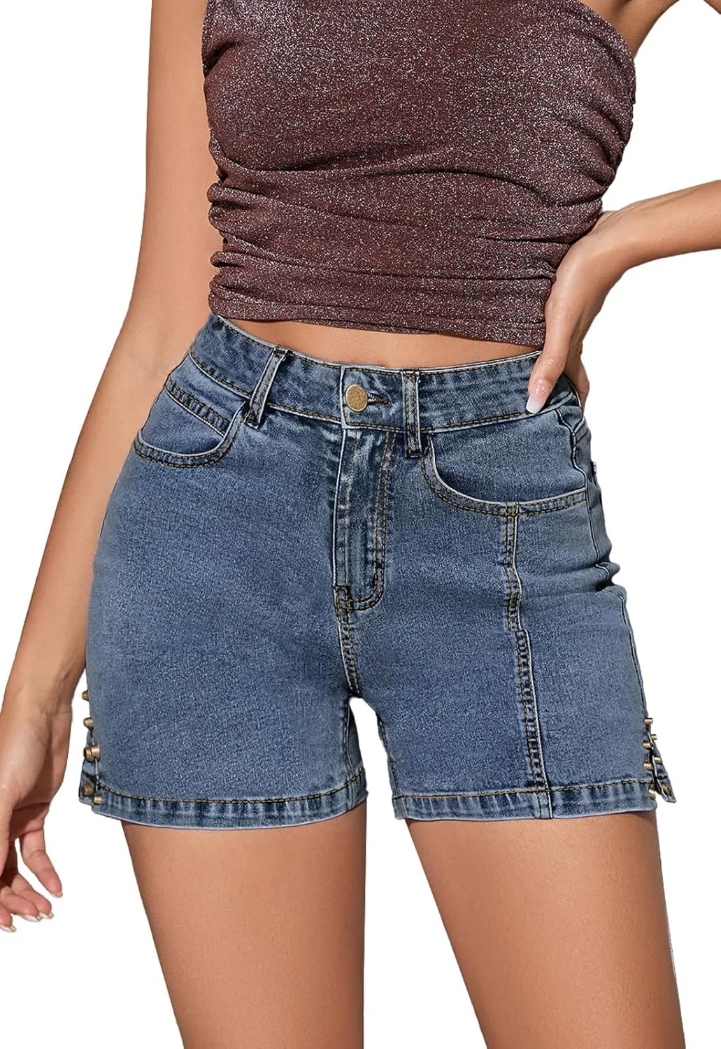 Casual Jean Shorts for Women Trendy Rivet High Waisted Stretchy Denim Shorts 2025 Summer Jeans Short